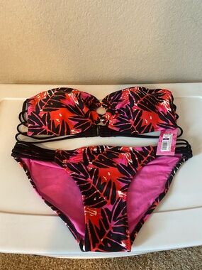 Xhilaration Tropical Pink & Black Bandeau Bikini - mixed sizes